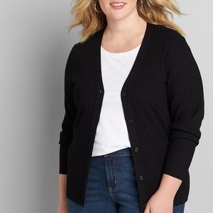 Black Ribbed Button-Front Cardigan